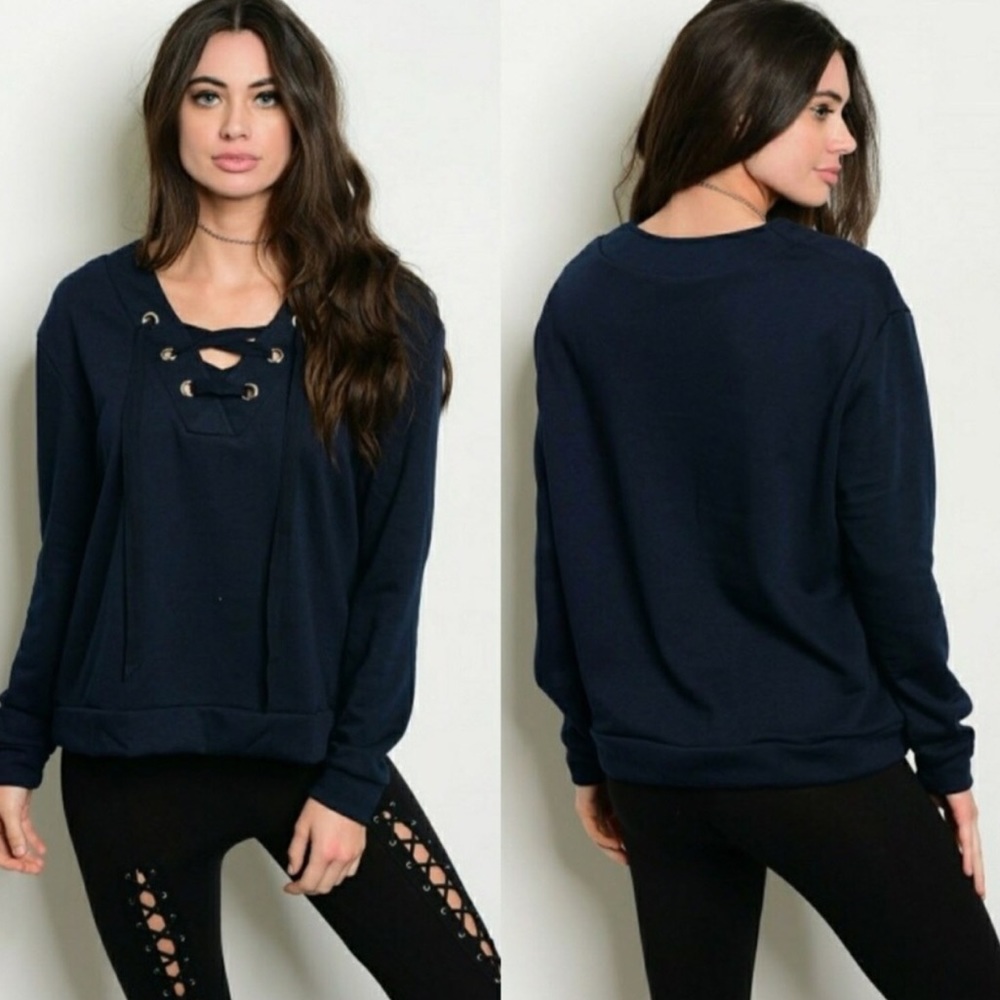 Dark Blue Lace Up Knit Sweater - Picture 1 of 1